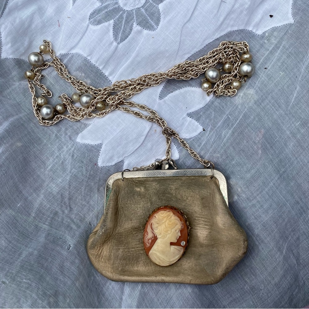 Vintage mini leather purse coin purse cameo pin brooch crossbody chain